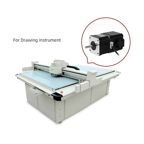 Front view of a white home engraving/CNC machine with gantry; inset shows a 12V four-lead stepper motor.