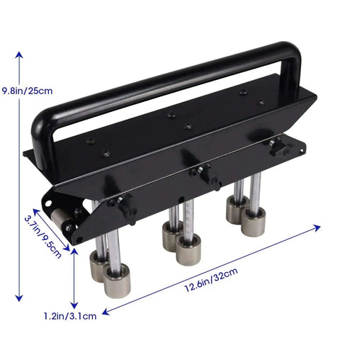 3-Station Edge Roller Bender for Sheet Metal Roofing, black aluminum body, adjustable tool, fits 0.3-0.8mm panels, 10-105mm bends.