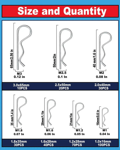 Chart showing sizes in the 300 Piece Cotter Pins Assortment Kit In 7 Sizes With 304 Stainless Steel R Clips For Trailer Hitch Lawn Mower Automotive And More A Real Workhorse Pin Replacement Kit For Any Quick Fix On Your Gear And Projects.