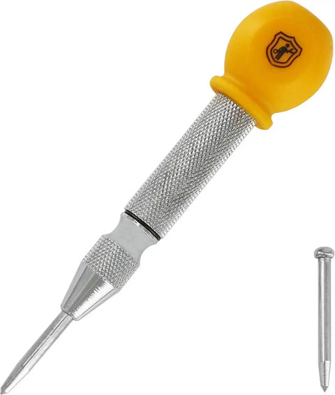 Spring Loaded Center Punch Marker For Wood Metal Plastic With Palm Cushion Cap 5 Inch Automatic Scriber Tool shown with tip replacement.