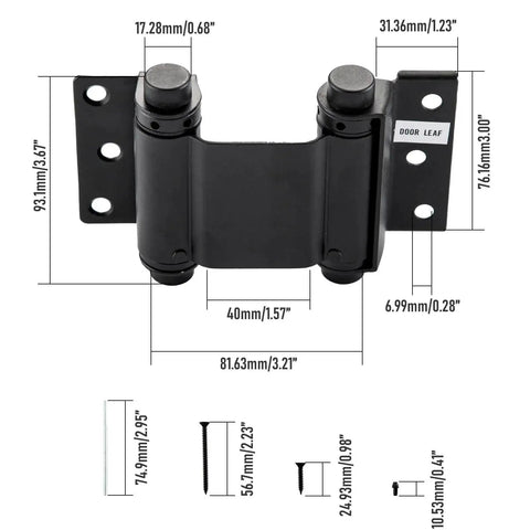 Black 3 Inch Double Action Self Closing Door Hinge Set For Saloon Bar Pub Doors Matte Black 2 Pack Heavy Duty Steel Construction Includes Screws Rust Resistant For Three Quarter Inch Doors By Home Master Hardware with measurements