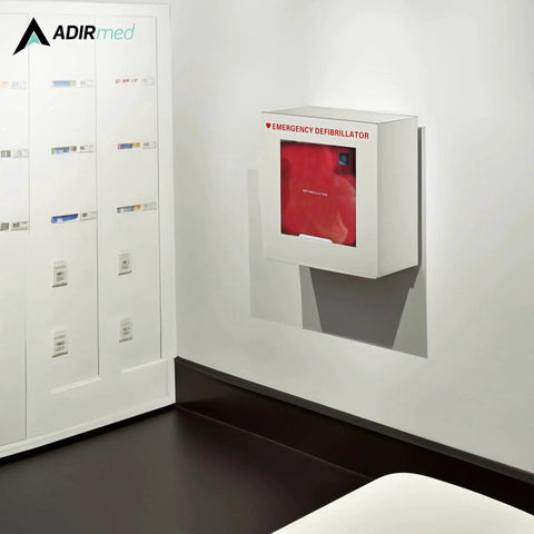 No Frills Durable Wall Mount AED Cabinet With Easy Pull Latch For Quick Defibrillator Access Non Alarmed Box installed on wall