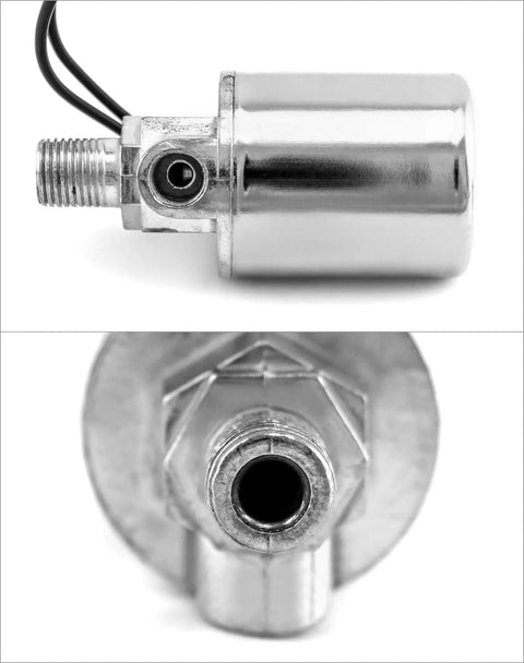 Beefy 12V Air Solenoid Valve For Cars And Trucks, One Quarter Inch NPT Inlet, Quarter Inch OD Hose Compatible, Chrome Plated, Durable Electric Air Valve, side view