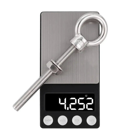 Heavy Duty Eye Bolt Set Of 4 Beefy 316 Stainless Steel Shoulder Eyebolts With Nut And Washer shown on a digital scale