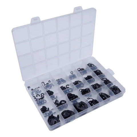 Pro Grade E Clip And C Clip Assortment Kit with 324 pieces of 304 stainless steel external retaining rings in a plastic organizer case