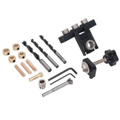 Image of a 3 In 1 Doweling Jig Kit With Anodized Aluminum Body And Brass Limit Block, Rock Solid Fixing Clamp For Quick Furniture Assembly, Precise Drill Alignment, Height And Depth Adjustments, The Go To Doweling Tool including drill bits and components.