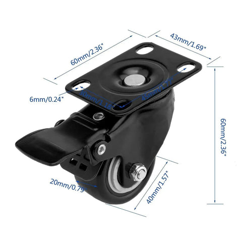 Heavy Duty 4 Pack 1.5 Inch Polyurethane Casters With Top Plate 360 Degree Swivel Locking Brakes 400lb Total Capacity close-up view