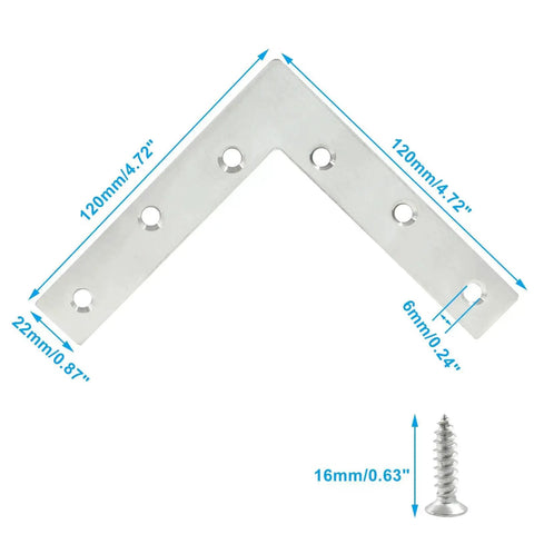 Four Pack L Shaped Corner Brackets 4.7 by 4.7 Inch Stainless Steel Flat Braces Joining Plates with screws and measurements
