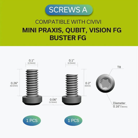 Screw set compatible with Mini Praxis, Qubit, Vision FG, Buster FG knives showing dimensions and T8 head details.