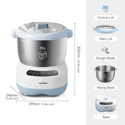 Joydeem electric dough maker with 7.4 Qt stainless steel bowl, white and blue base, front view with touch panel.