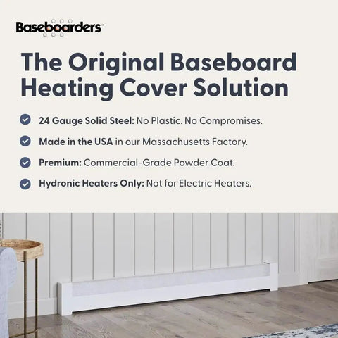 Slip On 5 Foot Galvanized Steel Baseboard Heater Cover White Rust Resistant For Hydronic Hot Water Systems in modern room.