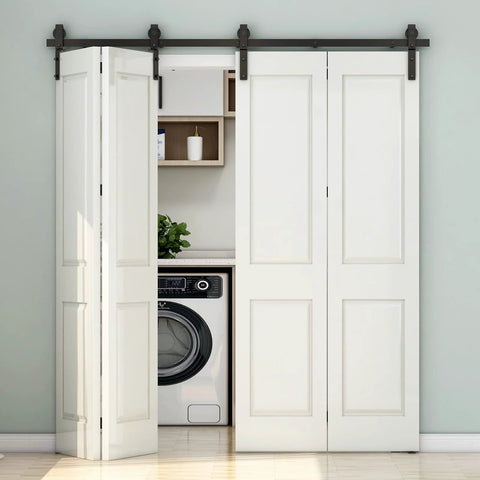 Heavy Duty Bi Folding Barn Door Hardware Sliding Track Kit For Four Doors 5.5 Feet Rail 66 Inches Fits Up To 16 Inch Wide Panels Carbon Steel With Frosted Black Finish Rust Resistant Hardware Only No Wood Doors installed over laundry closet