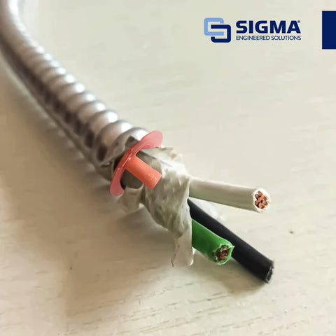 Sigma ProConnex AC/Flex anti-short bushing inside metal flexible conduit with pink bushing and exposed copper conductors