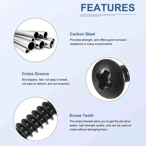 Image showing features of Sheet Metal Screws Assortment Kit 125 Pack For Wood And Furniture, including carbon steel, cross groove, and screw teeth.