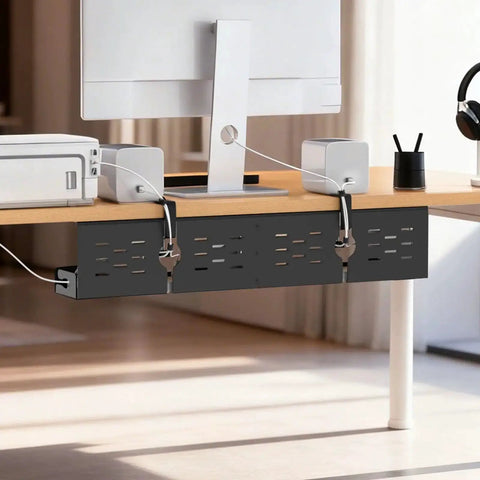 Under Desk Cable Management Tray 32 Inch Steel Cord Organizer installed with C Clamp under office desk, organizing cables in home office.