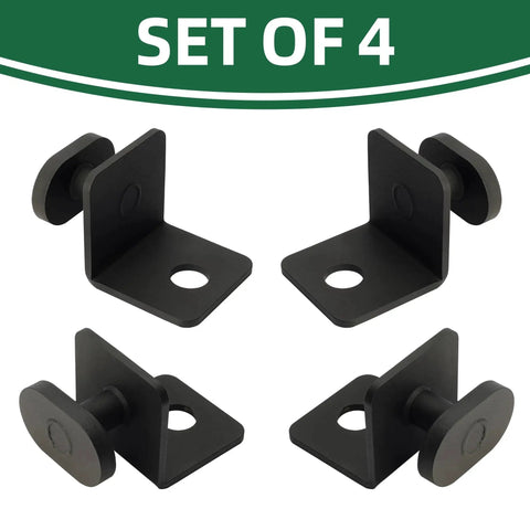Set of 4 heavy angle iron twist lock container anchors for ground or cement installation to secure containers and reduce erosion.