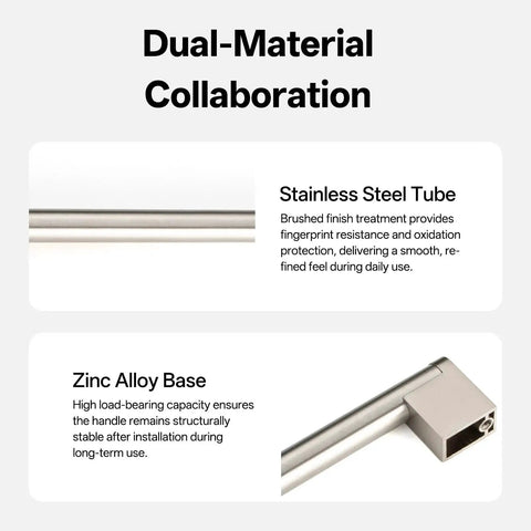 Dual-material cabinet handles with a stainless steel tube and zinc alloy base, highlighting durable and refined design features.