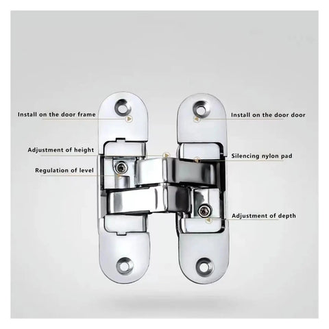 Hidden Cross Hinge For Invisible Doors And Cabinets, 3D Adjustable 180 Degree Folding Door Hinge, Concealed Stainless Steel H Shaped Door Hardware For Wooden Doors, Large Right, showing adjustment features.