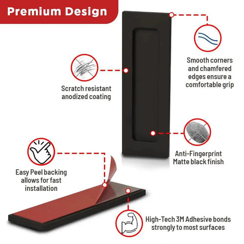 Diagram showing features of 6 Inch Finger Flush Pulls For Closet Pocket And Sliding Barn Door Handle Set with Matte Black finish and 3M adhesive.