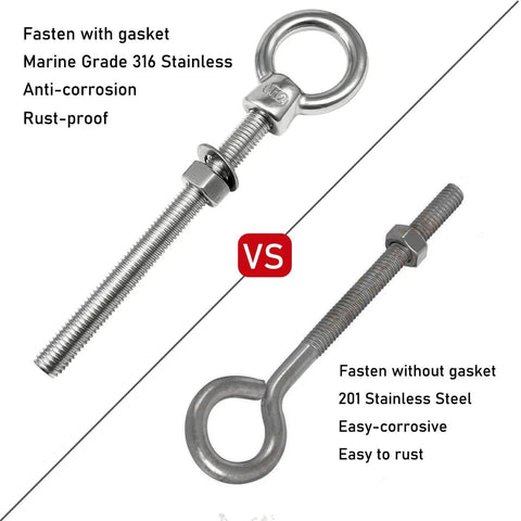Heavy Duty Eyebolts Pack Of 5 5/16 Inch By 3-1/8 Inch Threaded Shoulder Lifting Rings With Nuts And Washers In 316 Stainless Steel Marine Grade vs 201 Stainless Steel