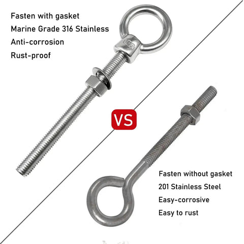 Comparison of two eyebolts, top is marine grade 316 stainless with gasket, bottom is 201 stainless without gasket, showcasing rust resistance.