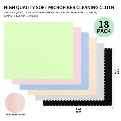 18 Pack Multicolor Microfiber Cleaning Cloths 7x6 For Eyeglasses Lenses Phones, assorted pastel colors, dimensions shown