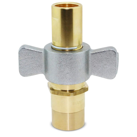 Summit 3/4 in NPT wet-line wing-nut hydraulic quick disconnect coupling with brass fittings and silver body.
