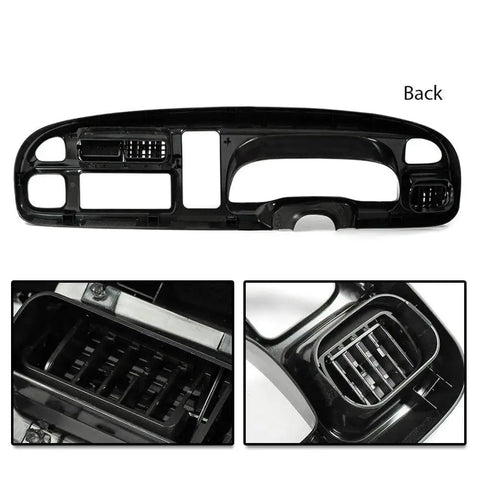 Dashboard Bezel Cover For Dodge Ram 1998 To 2002 Instrument Panel, back view with vent details, black finish.