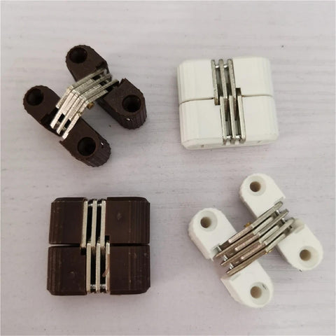 0 To 180 Degree Cross Hinge Set Plastic Folding Barrel Hidden Concealed Door Hinges Six Pack White For Cabinets And Furniture Invisible Mount Durable And Easy To Install in brown and white display