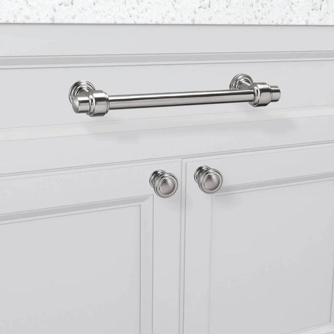 10 Pack 5 Inch Brushed Satin Nickel Cabinet Handles Zinc Alloy Heavy Duty Drawer Pulls installed on white kitchen cabinet doors.