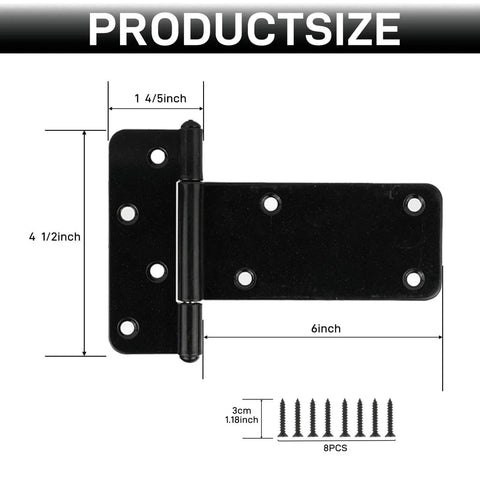 Product diagram of 6 Inch Heavy Duty Gate Hinges 280 Lbs Capacity Black 4 Pack With Screws Included for wooden fences and barn doors.
