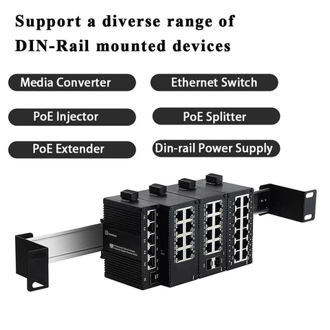 All In One 19 Inch DIN Rail Chassis Bracket Kit for 35mm DIN Mounted Gear displaying mounted switches