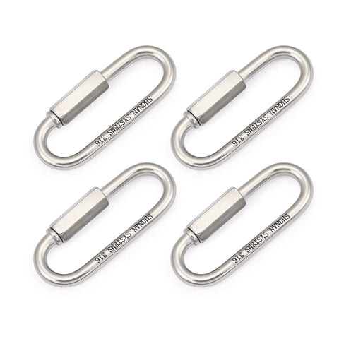 Marine Grade Stainless Steel 316 Quick Links Set Of Four One Quarter Inch Large Opening Chain Connectors for boats and saltwater use.