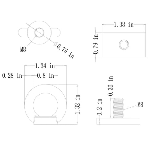 Technical diagram of Heavy Duty Stainless Steel Shoulder Eye Bolts 4 Pack With M8 Threads, Includes Slot Nuts, Washers, Spring Washers