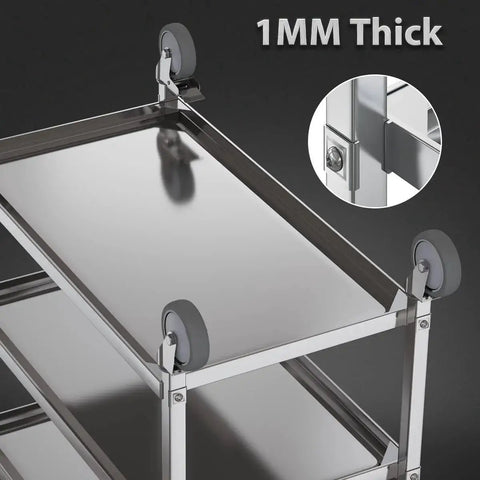 Close-up of a Three Shelf Stainless Steel Serving Cart With Wheels 400 Lb Capacity 1mm Thick Steel showcasing top shelf and wheel.