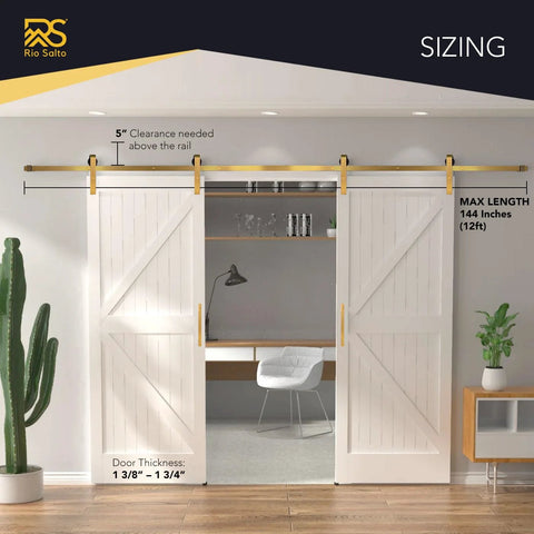 Gold Barn Door Hardware Kit For Two Doors Adjustable 12 Foot Track System With Brushed Brass Finish in modern living room