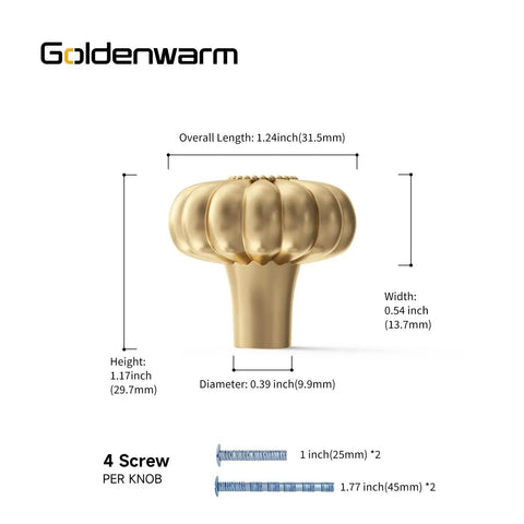 Six Pack Gold Dresser Knobs For Drawers And Cabinets Hardware Pulls In Brushed Brass Vintage Luxury Finish with dimensions and screws