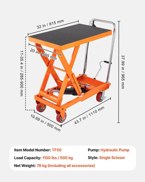 1100 Lbs Hydraulic Lift Table Cart With 11 To 35 Inch Lift Range Four Wheels, orange steel, scissor lift design.