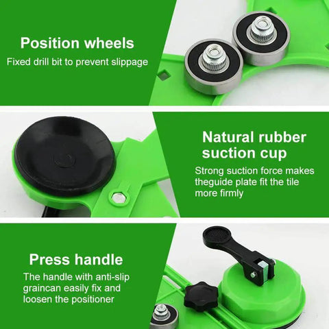Diamond Hole Saw Kit With Guide Jig And Double Suction Cups for Ceramic Glass Tile shown with position wheels and rubber suction cup