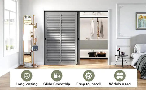 8 Ft Bypass Double Sliding Pocket Door Hardware Kit in Aluminum and Black Modern Style installed in bedroom with concealed track