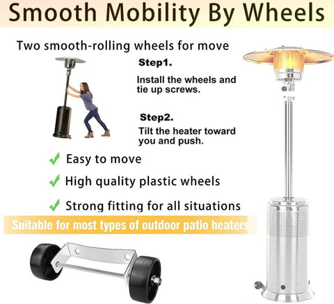 Amazon universal patio heater wheel kit with stainless steel bracket and two black wheels.