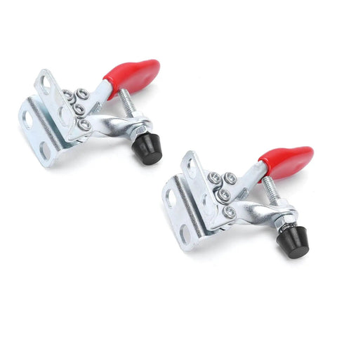 Heavy Duty Toggle Clamp 2 Pack Hold Down Fixture With Quick Clamping Tool For Welding Electronics And Equipment Installation 30 Kg Holding Capacity Sturdy Iron And Plastic Construction Ergonomic Handle, side view.