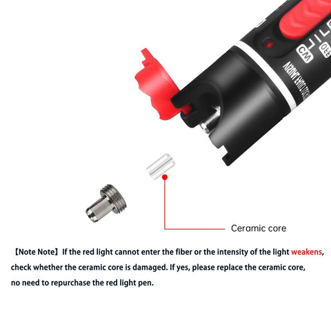 Fiber optic visual fault locator pen with red tip cap, metal connector, and ceramic core sleeve