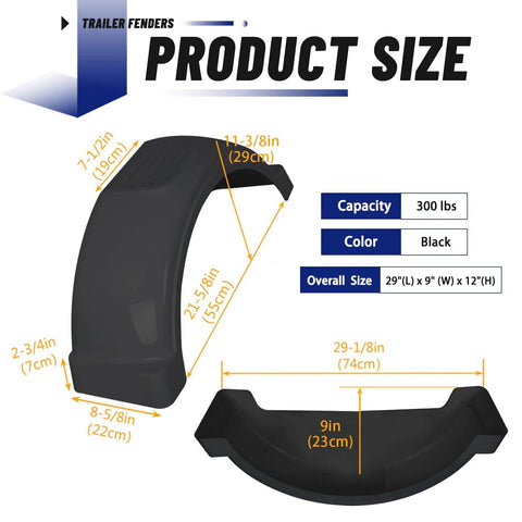 Illustration of Trailer Fenders With Built In Skirt And Steps 2 Pack Fits Single Axle Trailers With 13 Inch Wheels Plastic Black Fenders
