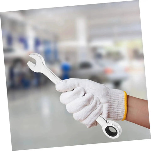 Hand holding a wrench from the Compact Metric Ratcheting Wrench Set With Offset Mini Wrenches 12 Piece Swivel Head Handy Tools Kit.