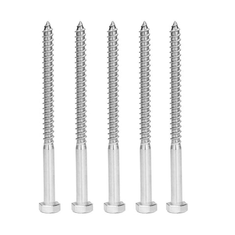 Half Thread Hex Lag Screws For Wood 304 Stainless Steel Self Tapping Fasteners For Carpentry DIN571 M8x120mm High Hardness And Durability No Pre Drill Needed, side view of five screws