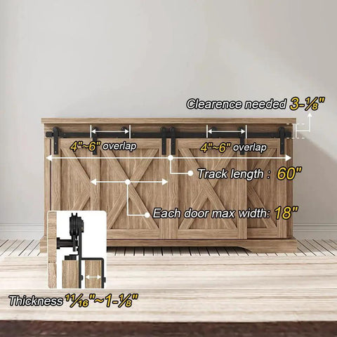 Front view of 5 Ft Mini Cabinet Bypass Barn Door Hardware Kit with Single Track 60 Inch Small Sliding Barn Door Track Kit installed on cabinet.