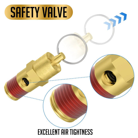 Brass 1/4 in NPT air compressor safety relief valve with red seal ring tank pop-off