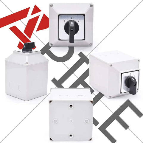 3 Position Latching Changeover Selector Switch Box 63A 440V 3 Phase with Universal Rotary Cam in four angles.