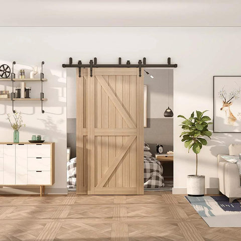 Double Track Bypass Sliding Barn Door Hardware Kit For Two Doors, Low Ceiling Design, Nine Inch Ceiling Clearance installed